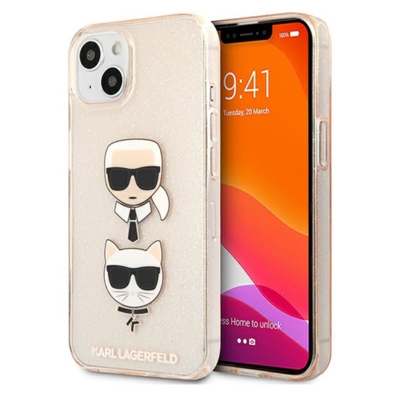 Karl Lagerfeld Glitter Karl's & Choupette Head Case iPhone 13 mini jaoks - kuldne