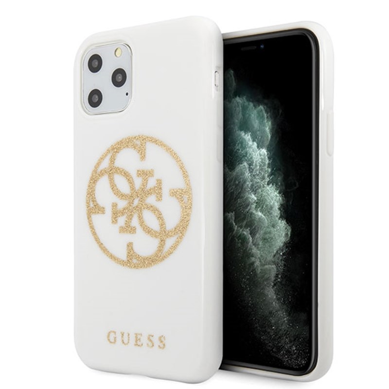 Guess GUHCN65TPUWHGLG iPhone 11 Pro Max valge/valge kõva ümbris Glitter 4G Circle Logo