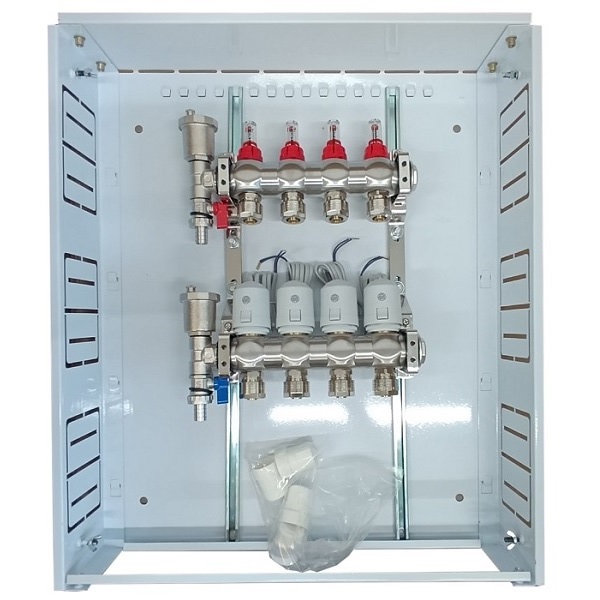 Heating Manifold 4 Loops koos Thermal Actuators NC AC230V ja Flow Meters