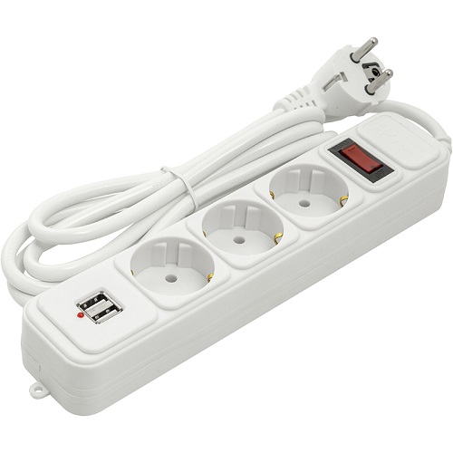 Extension cord 1.8m, 3 sockets + 2 USB, koos switch