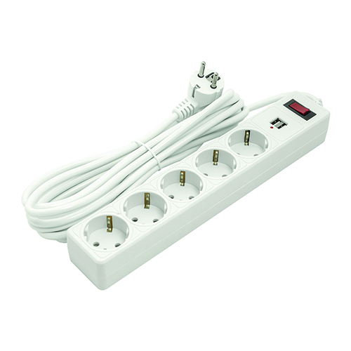 Extension cord 5m, 5 sockets, 2xUSB, koos switch
