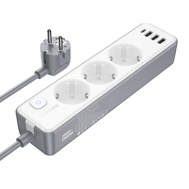 Borofone Power strip BAC9 - 3 pistikupesa 240V + 3xUSB + tüüp C - PD 20W 2 meetrit mustana