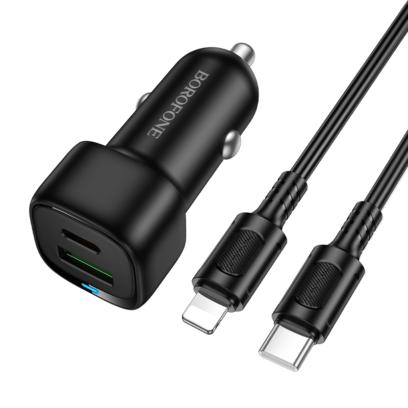 Borofone autolaadija BZ34B Cloud - USB + Type C - QC 3.0 PD 38W koos Type C - Lightning kaabliga musta värvi