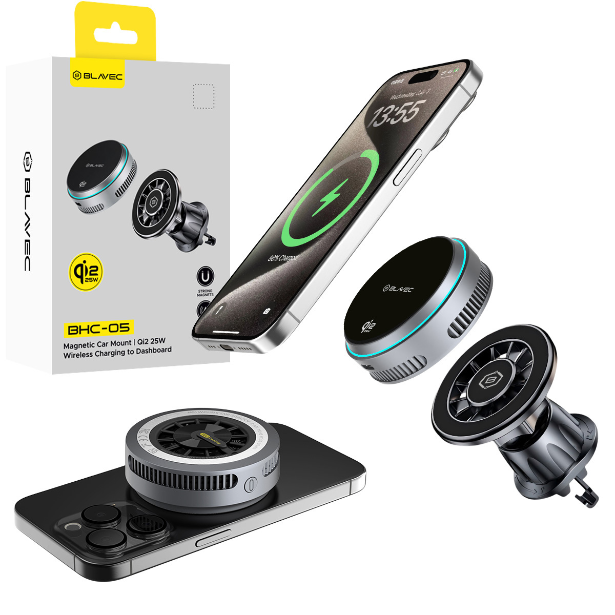 Blavec autohoidja BHC-05 Qi2.2 25W magnetiliselt eemaldatav induktsioonlaadimise ja aktiivse jahutusega õhuventilatsiooni (BHC05-MWIB) must