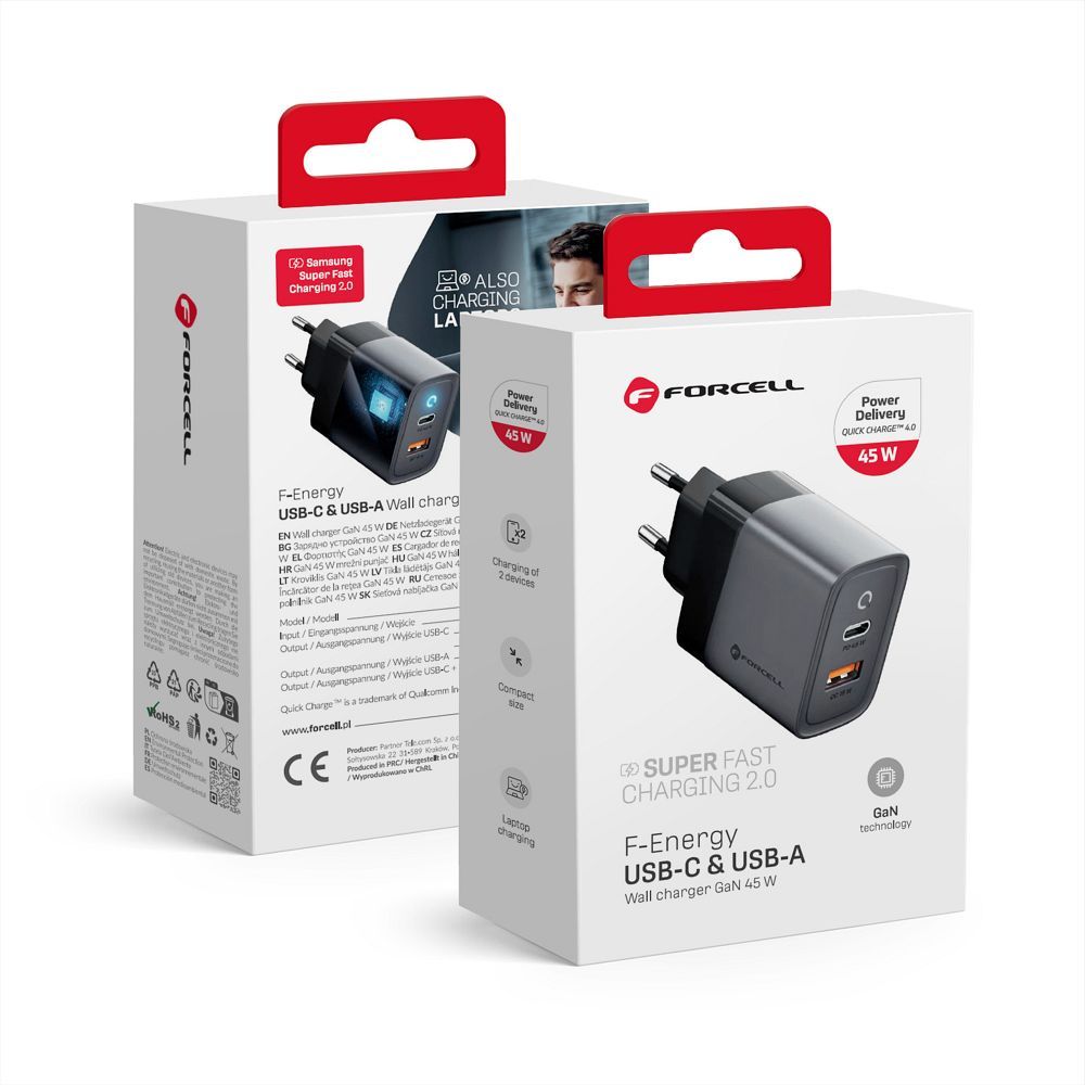 Phone laadija Forcell F-Energy GaN USB C + USB A QC4.0 PD 4A 45W VT-39 hall