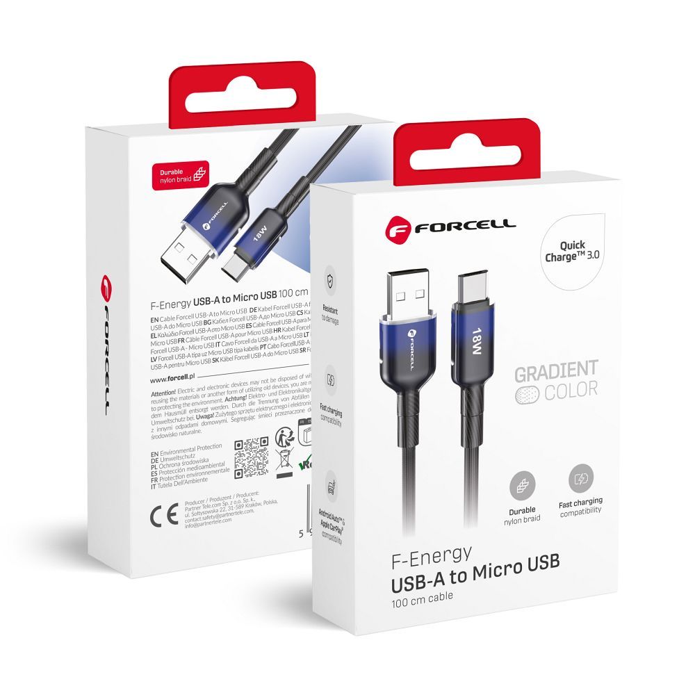 Kaabel USB A to Micro USB Forcell F-Energy QC3.0 2,4A 18W Gradient 1 m C351 must