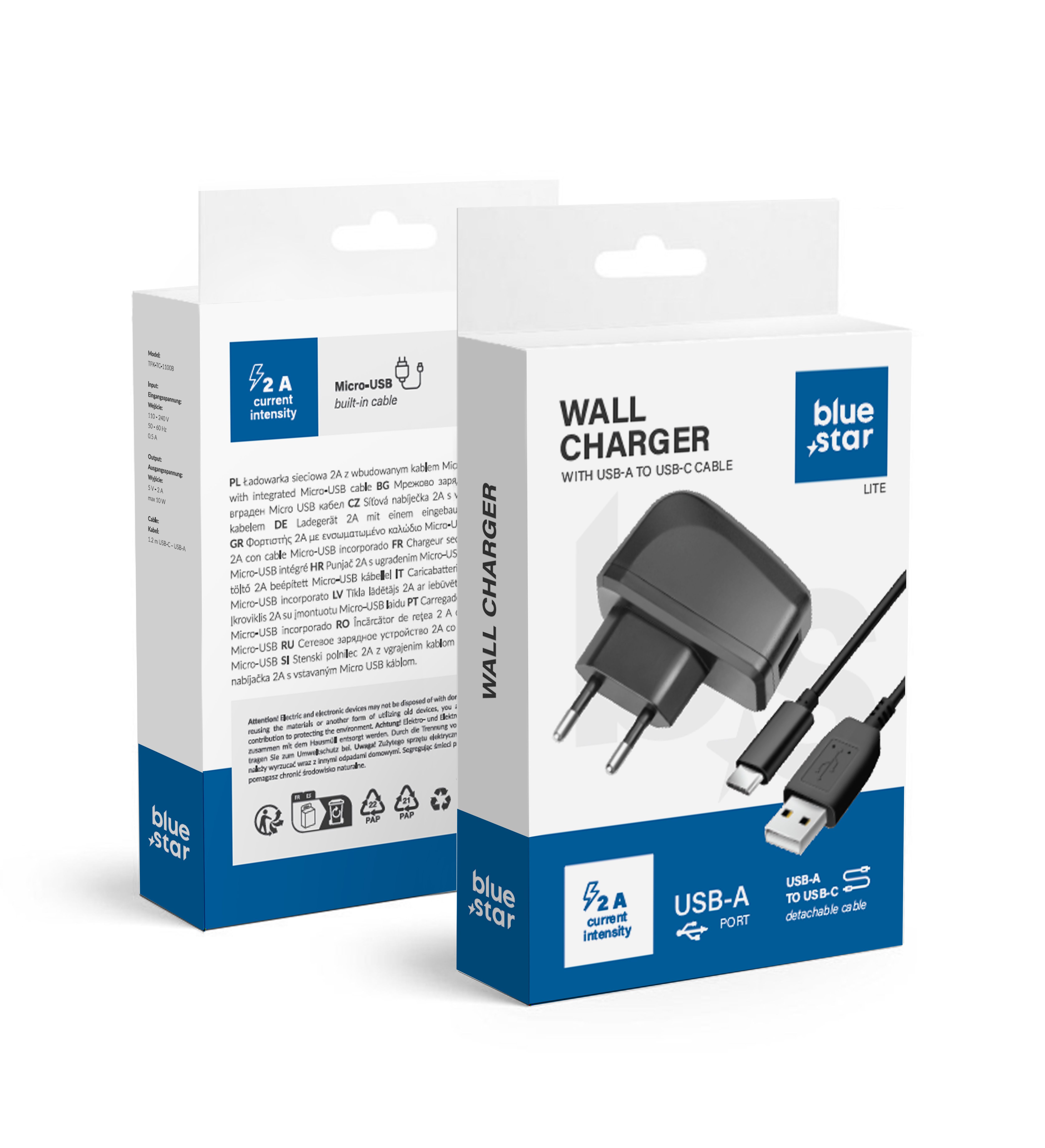 Charger Blue Star Lite 10W USB-A + USB-A to USB-C cable black