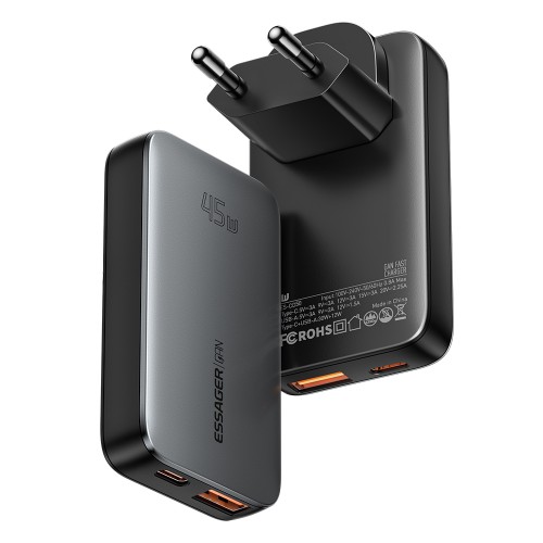 Laadija Essager GaN Ultra must 45W (1xPD / 1xQC3.0)