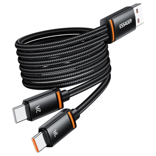 USB Kaabel Essager Double 2in1 must USB / 2xType-C 100cm