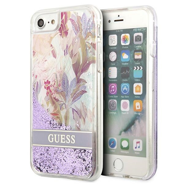 Guess Flower Liquid Glitter ümbris iPhone SE 2022 / SE 2020 / 7 / 8 jaoks - lilla