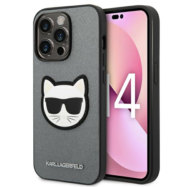 Karl Lagerfeld Saffiano Choupette Head Patch ümbris iPhone 14 Pro jaoks - hõbedane
