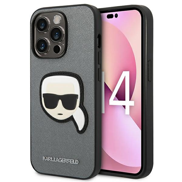 Karl Lagerfeld Saffiano Karl's Head Patch ümbris iPhone 14 Pro Max'ile - hõbedane