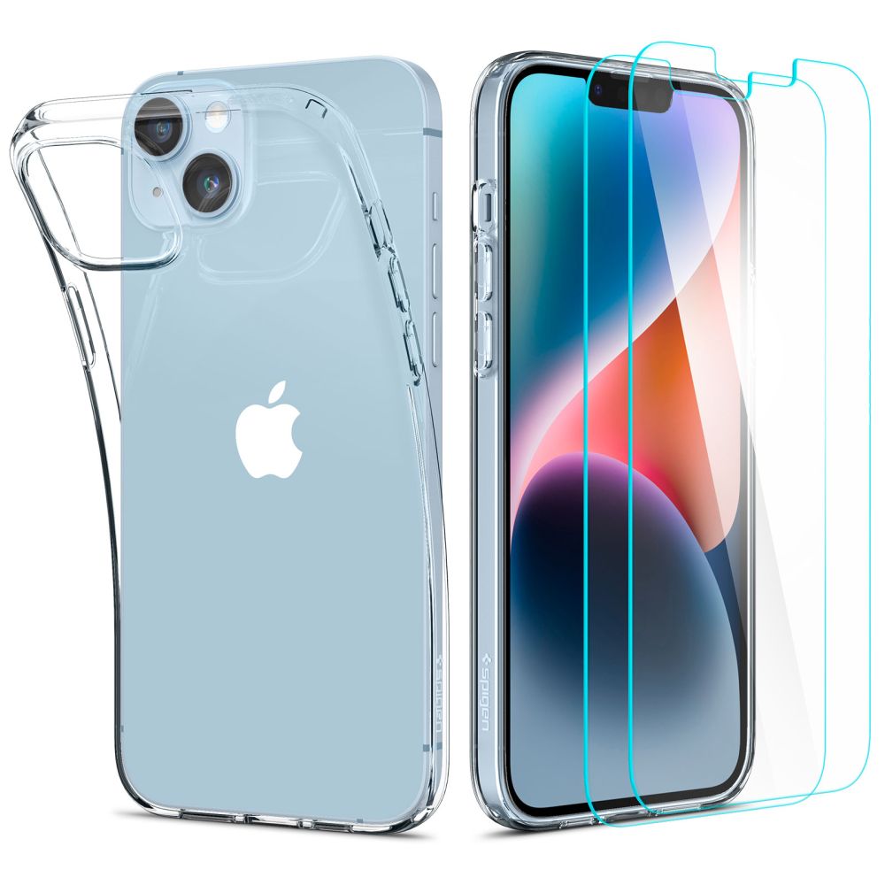 Spigen Crystal Case ja karastatud klaaskomplekt iPhone 14 Plus'ile - läbipaistev