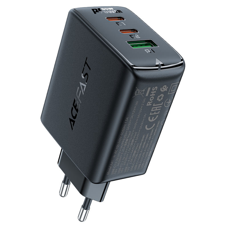 Acefast fast Laadija GaN (2xUSB-C / USB-A) PPS / PD / QC4+ 65W must (A41)
