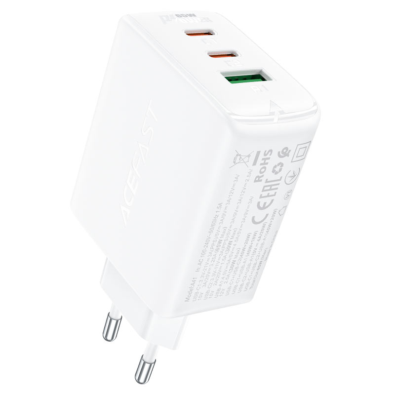 Acefast fast Laadija GaN (2x USB-C / USB-A) PPS / PD / QC4+ 65W valge (A41)