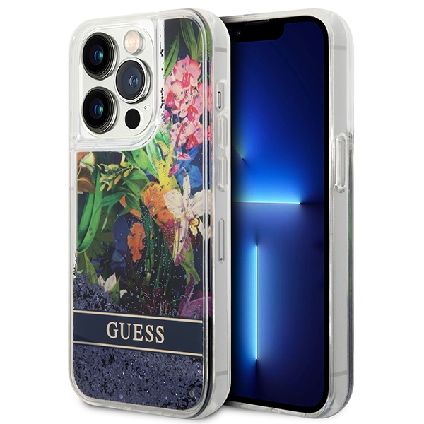 Guess Flower Liquid Glitter ümbris jaoks iPhone 14 Pro Max - sinine