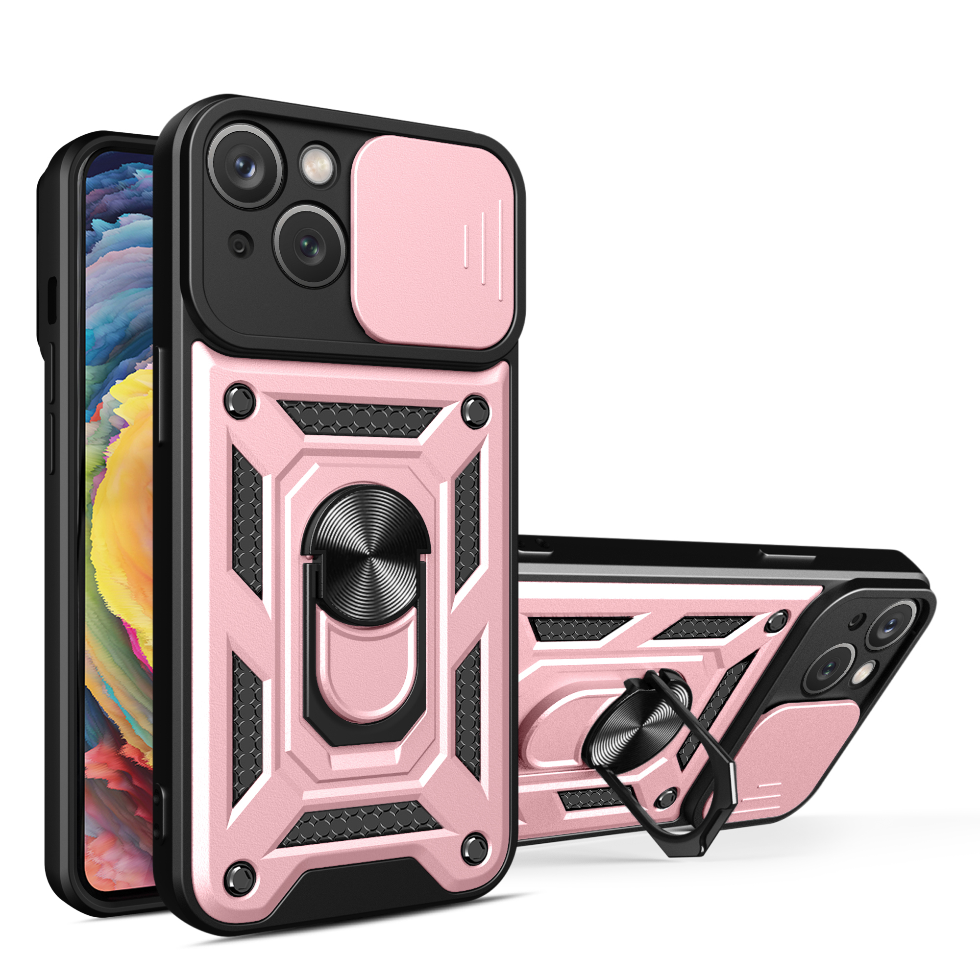 Hybrid Armor Camshield Ümbris with Stand and Camera Cover jaoks iPhone 15 Plus - roosa