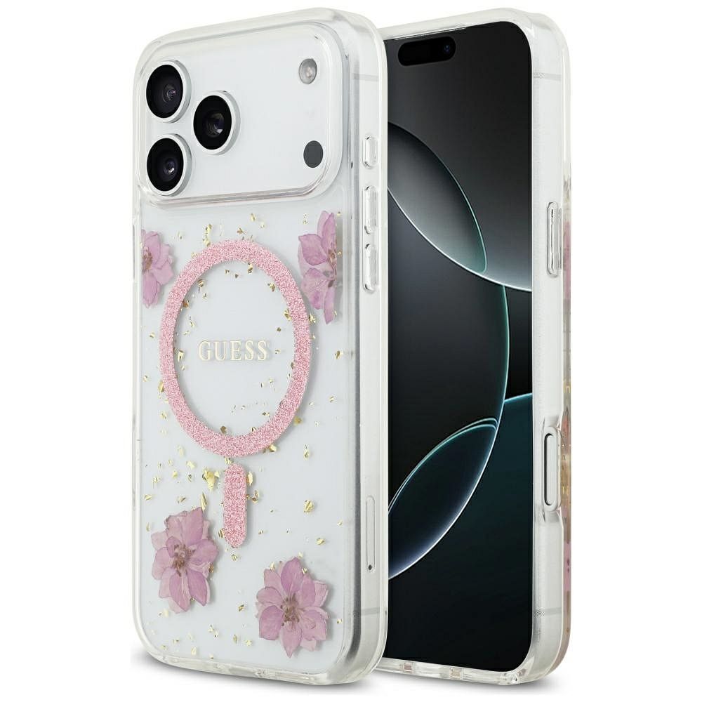 Guess Resin Flowers Glitter MagSafe ümbris jaoks iPhone 17 Pro Max roosa