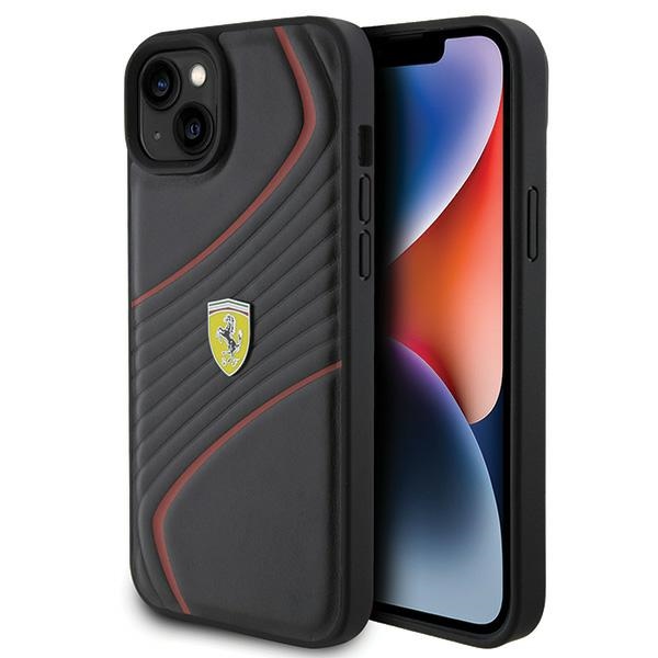 Ferrari Twist Metal Logo ümbris jaoks iPhone 15 Plus - must