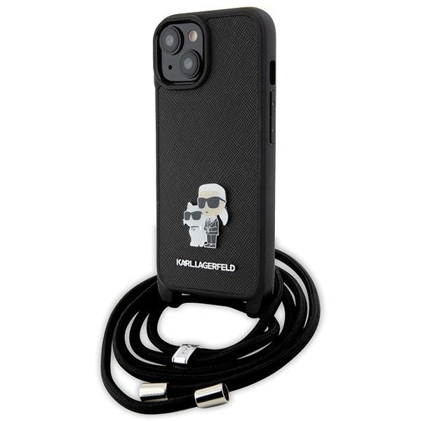 Karl Lagerfeld Crossbody Saffiano Metal Pin Karl & Choupette ümbris jaoks iPhone 15 Plus - must