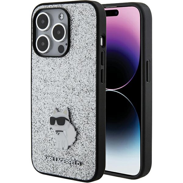Karl Lagerfeld Fixed Glitter Choupette Logo Metal Pin Ümbris jaoks iPhone 15 Pro - hõbedane