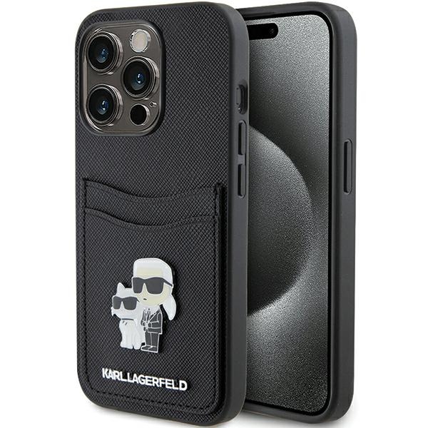 Karl Lagerfeld Saffiano Cardslot Karl&Choupette Metal Pin ümbris jaoks iPhone 15 Pro - must