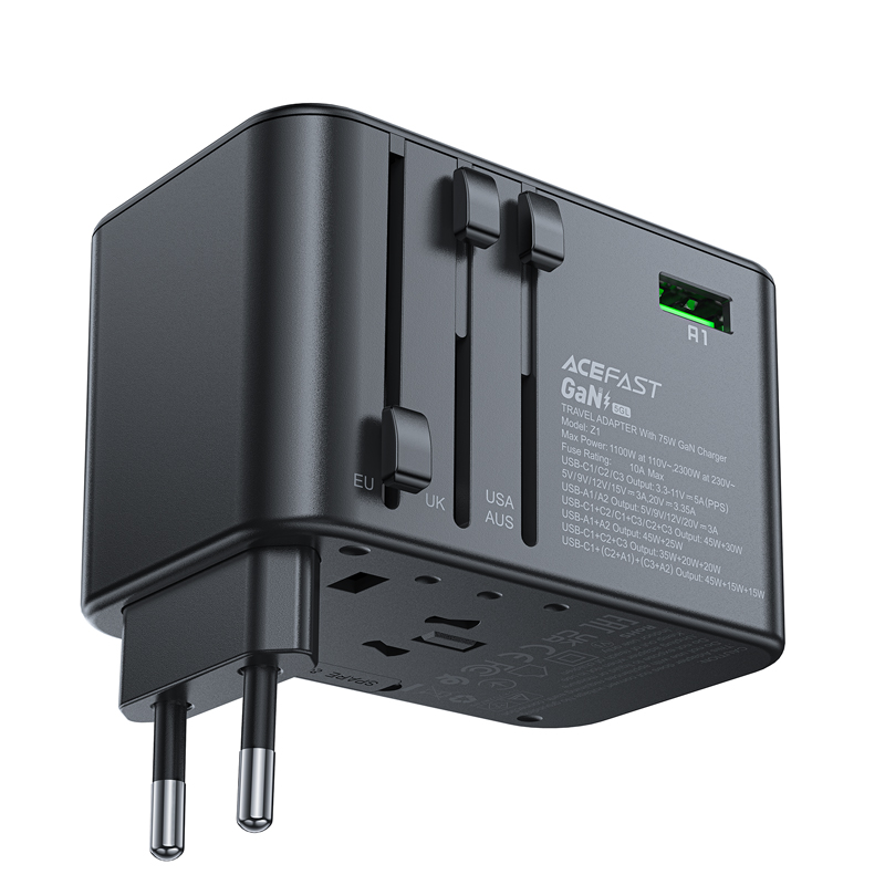 Universal Travel Laadija Acefast Z1 75W GaN 2xUSB-A/3xUSB-C must
