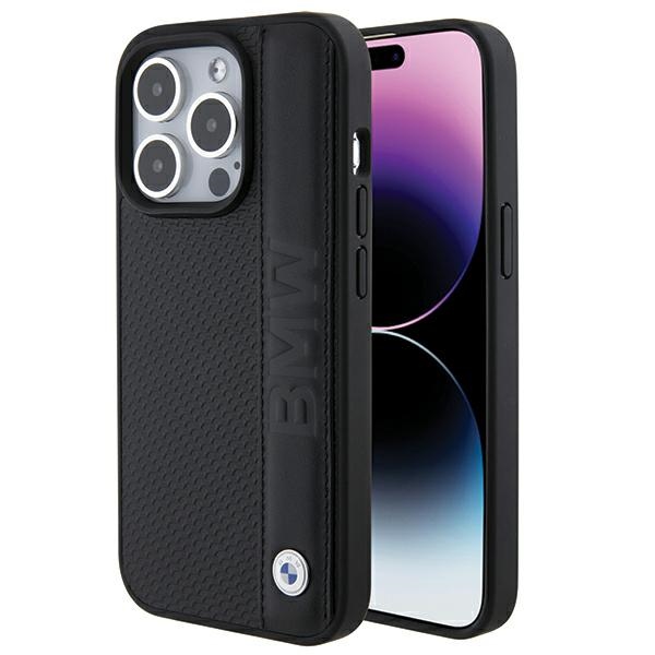 BMW Leather Textured & Stripe ümbris jaoks iPhone 15 Pro - must