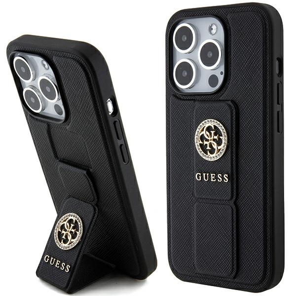 Guess Grip Stand 4G Saffiano Strass ümbris jaoks iPhone 15 Pro Max - must