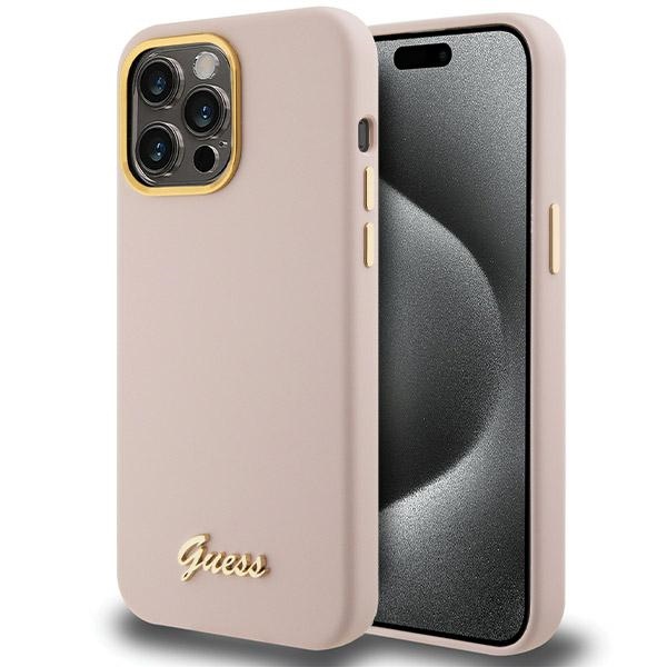 Guess Silicone Script Metal Logo & Frame ümbris jaoks iPhone 15 Pro Max - roosa