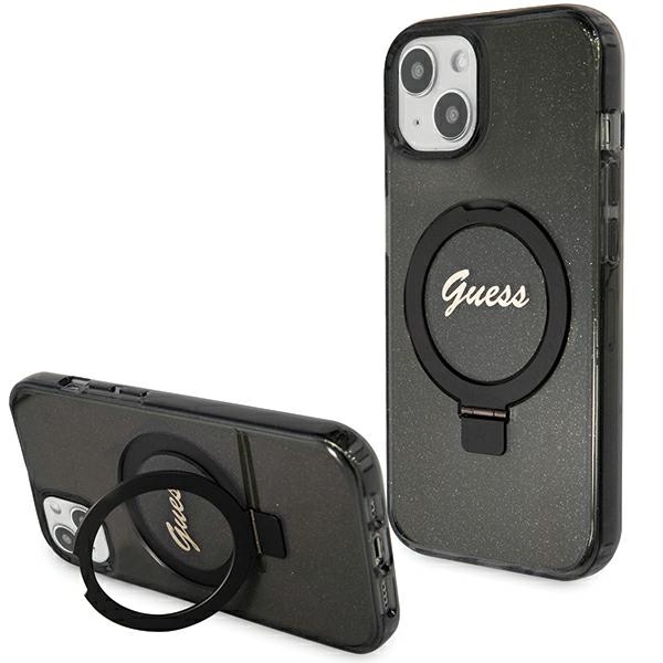 Guess Ring Stand Script Glitter MagSafe чехол для iPhone 15 Plus / 14 Plus - чёрный