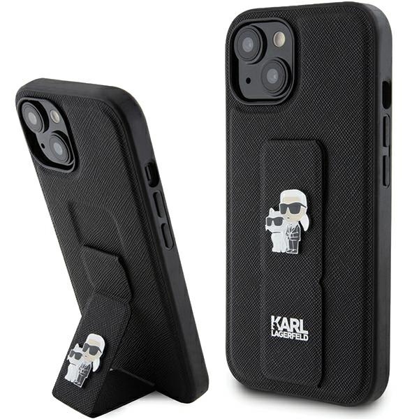 Karl Lagerfeld Gripstand Saffiano Karl&Choupette Pins чехол для iPhone 15 Plus / 14 Plus - чёрный