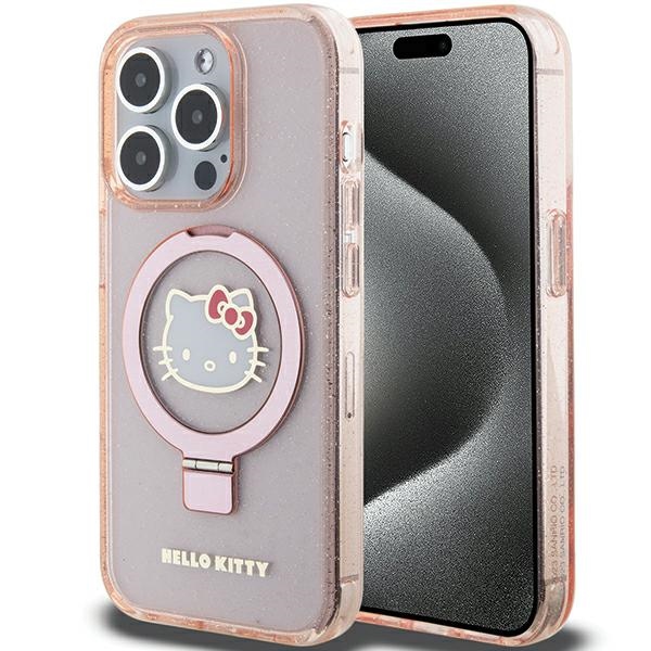Hello Kitty Ring Stand Glitter Electrop Logo MagSafe Ümbris jaoks iPhone 15 Pro - Roosa