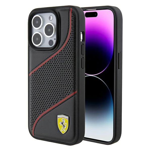 Ferrari Perforated Waves Metal Logo ümbris jaoks iPhone 15 Pro - must