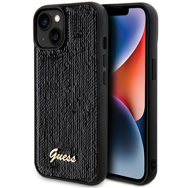 Guess Sequin Script Metal чехол для iPhone 14 / 15 / 13 - чёрный