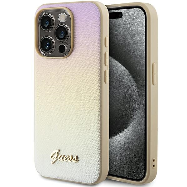 Guess Saffiano Iridescent Script ümbris jaoks iPhone 15 Pro - kuldne