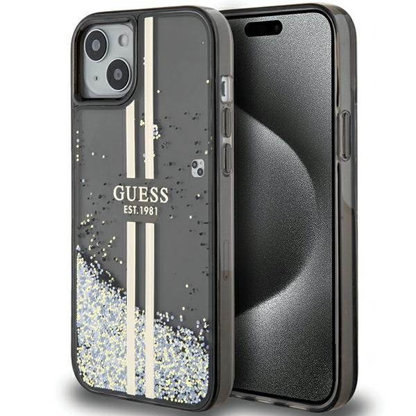 Guess Liquid Glitter kuldne Stripes ümbris jaoks iPhone 15 Plus / 14 Plus - must
