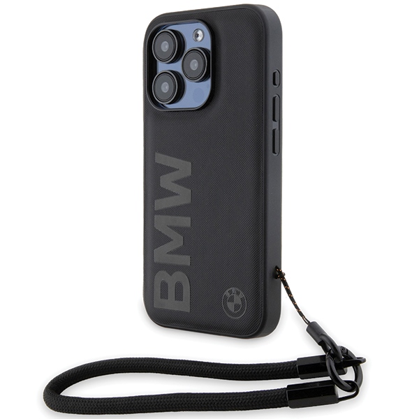BMW Signature Leather Wordmark Cord ümbris jaoks iPhone 15 Pro Max - must