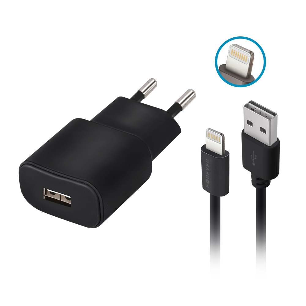 Forever TC-01 laadija 1x USB 2A must + Lightning kaabel