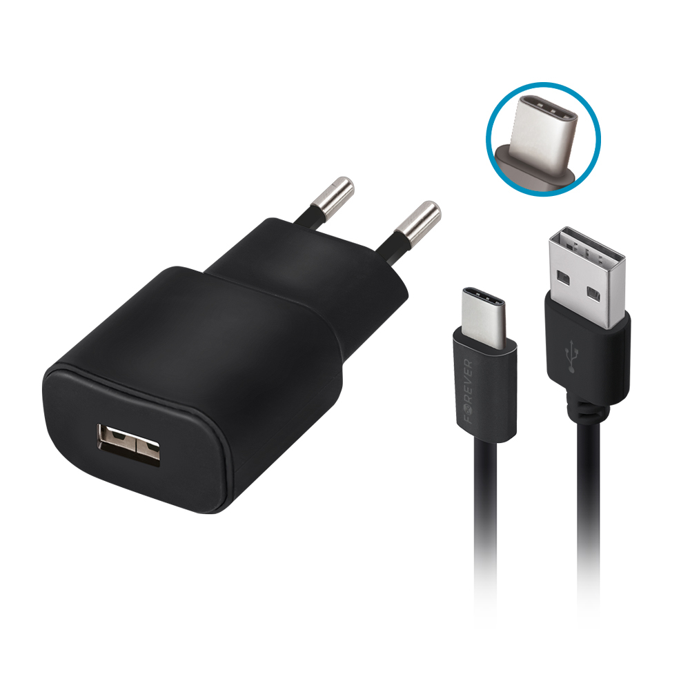 Forever TC-01 зарядное устройство 1x USB 2A черный + USB-C кабель