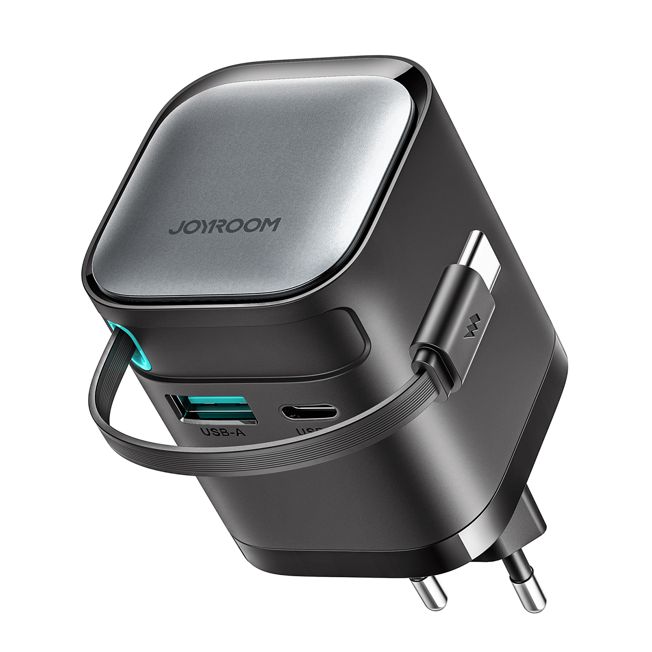Joyroom JR-TCL02 65W USB-A USB-C GaN laadija koos built-in USB-C kaabel - must