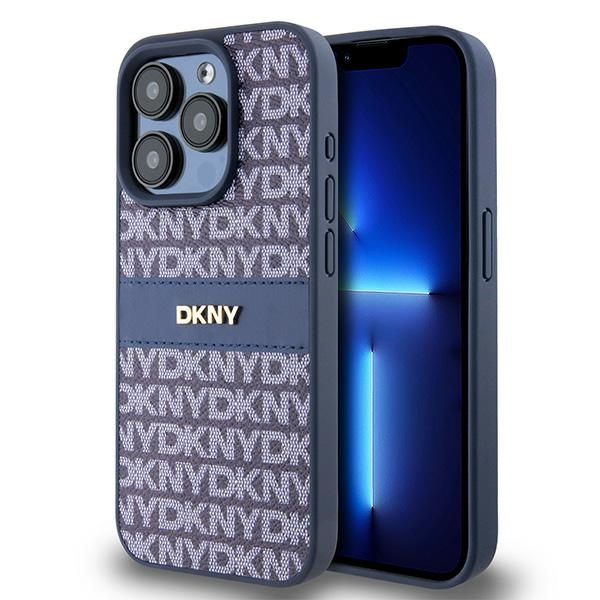 DKNY Leather Mono Stripe & Metal Logo ümbris jaoks iPhone 15 Pro - sinine