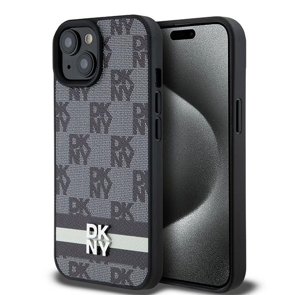 DKNY Leather Checkered Mono Pattern & Printed Stripes Чехол для iPhone 15 Plus / 14 Plus - чёрный