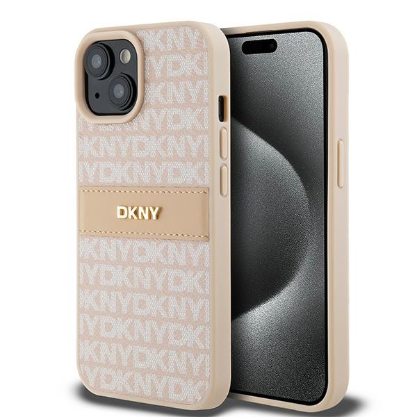 DKNY Leather Mono Stripe & Metal Logo Ümbris jaoks iPhone 15 Plus / 14 Plus - Roosa