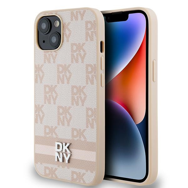DKNY Leather Checkered Mono Pattern & Printed Stripes ümbris jaoks iPhone 15 / 14 / 13 - roosa