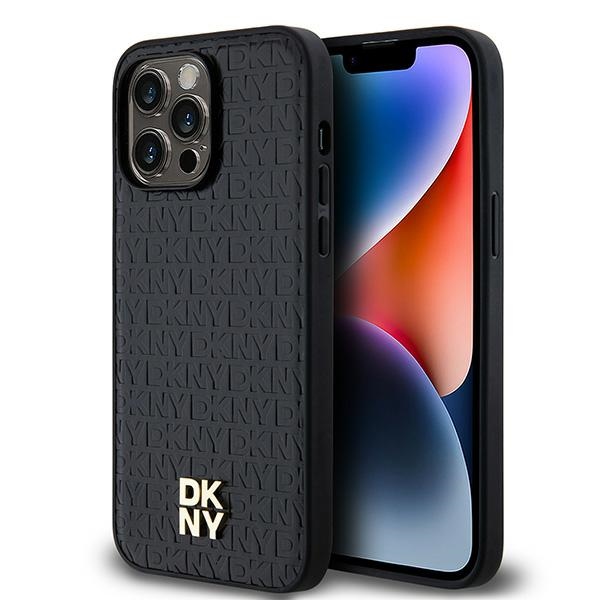 DKNY Leather Pattern Metal Logo MagSafe ümbris jaoks iPhone 13 Pro Max - must