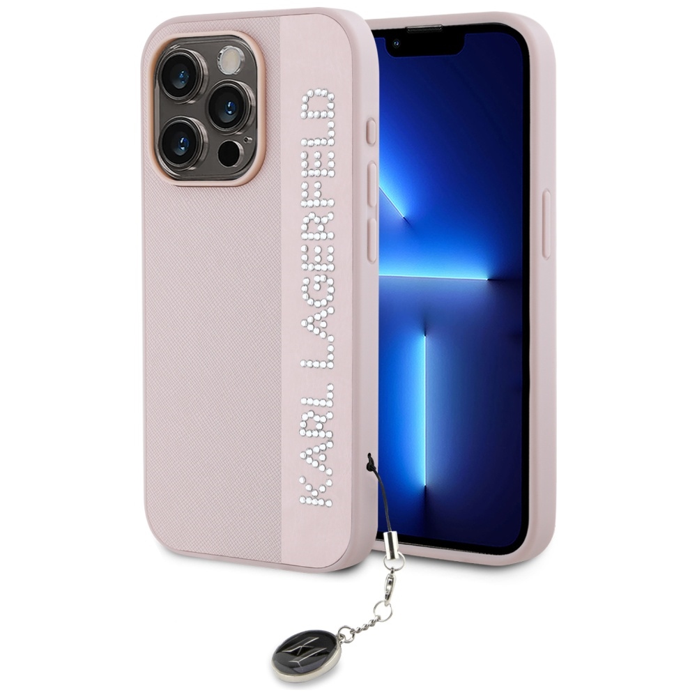 Karl Lagerfeld Saffiano Rhinestones & Charm ümbris jaoks iPhone 15 Pro - roosa