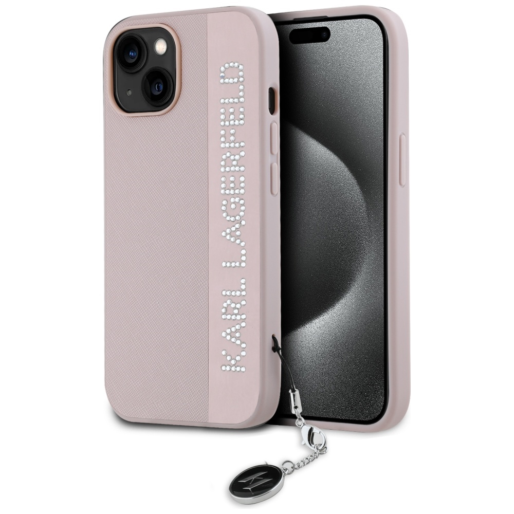 Karl Lagerfeld Saffiano Rhinestones & Charm ümbris jaoks iPhone 15 / 14 / 13 - roosa
