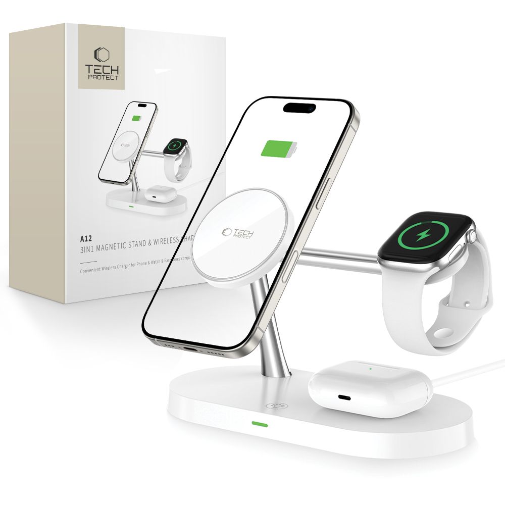 Tech-Protect A12 3in1 MagSafe Induktiivne Laadija jaoks Smartphone/Kõrvaklapid/Smartwatch - valge