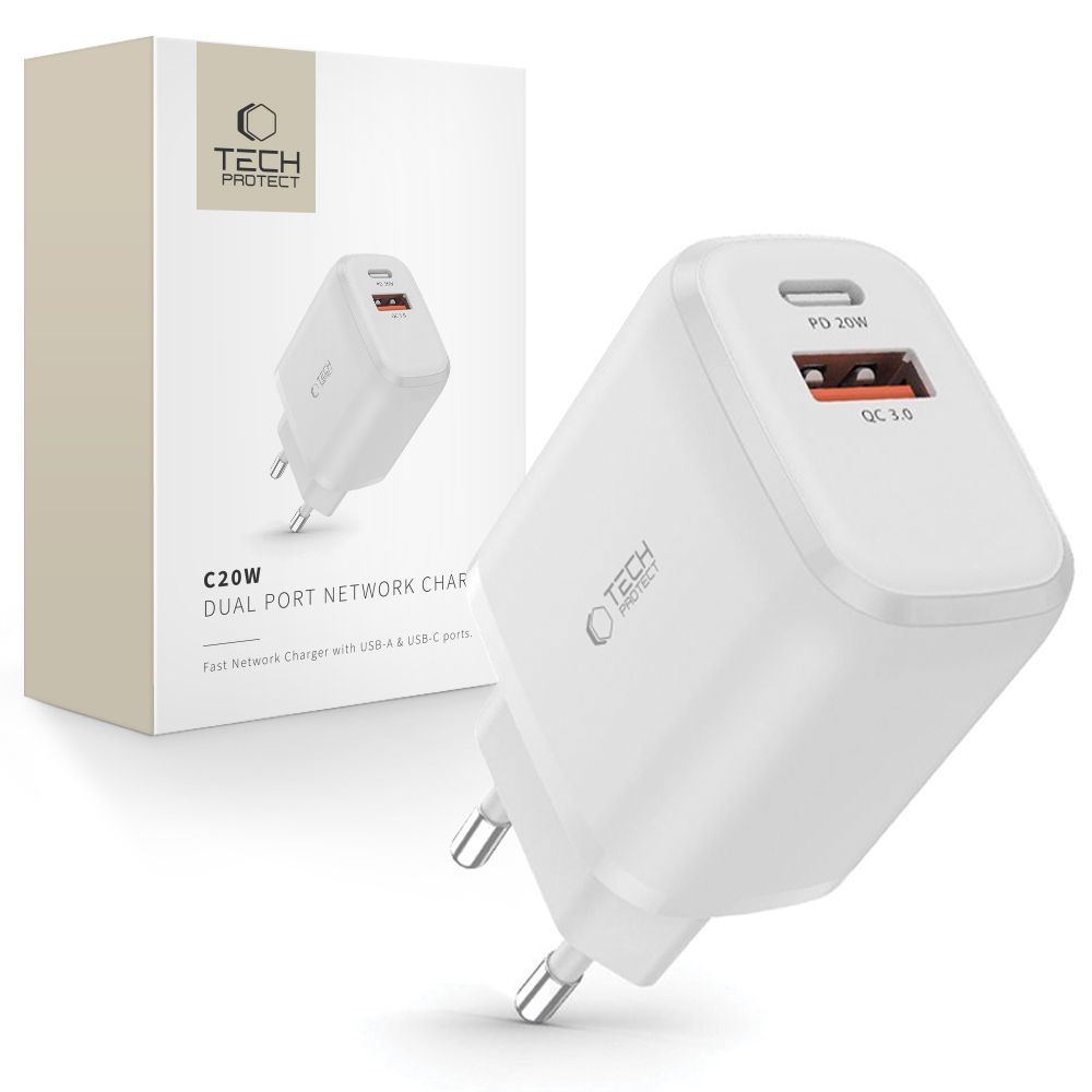 Tech-Protect C20W laadija USB-C PD 20W / USB-A QC 3.0 - valge